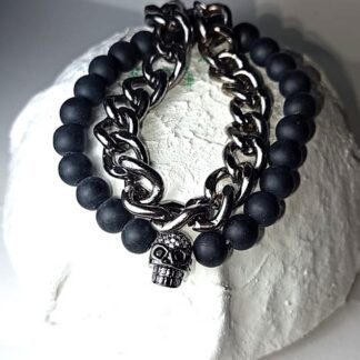 Pulsera Con Charms | Calavera | Doble | Plateado | Negro